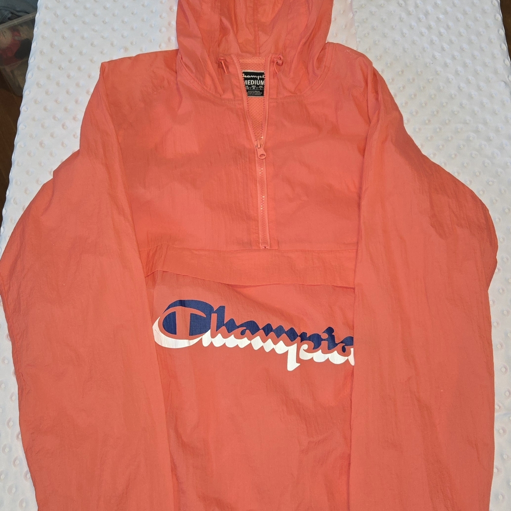 Champion Orange Nylon 1/2 Zip Windbreaker Jacket Men's Medium‎
